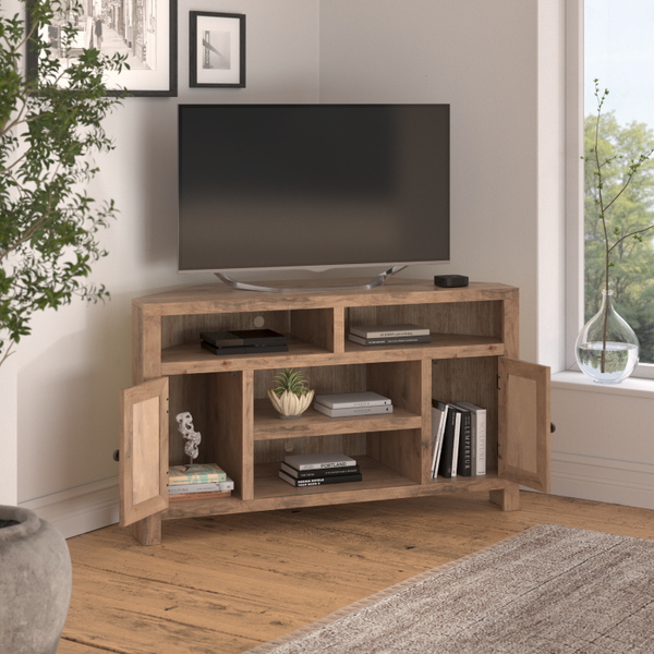 Legends Furniture Bridgevine Home Joshua Creek 52 Inch Corner Tv Stand For Tvs Up To 55 Inches, No Assembly Required, Barnwood Finish Aged Whiskey, Brown Knotty Alder Solids And Veneers Jc1213.Bnw