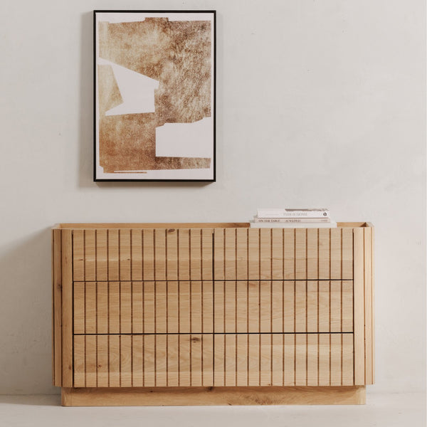 Moe's Home Povera 6-drawer Dresser - Elegant Oak Design With Soft Close Drawers For Stylish Bedroom Storage Natural Solid Oak 
Doors And Side Panels,Oak Veneer Over Mdf Dresser Jd-1062-24