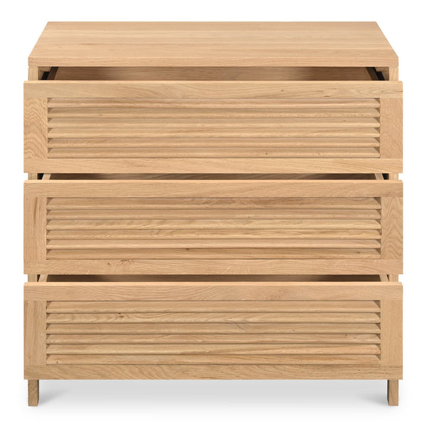 Moe's Home Teeda 3-drawer Nightstand In Solid Oak - Tropical Shutter Design For Unique Storage Solutions Natural Solid Oak Cabinet And Drawer Fronts,Oak Veener Over Mdf (Back,Bottom,Drawers) Jd-1083-24