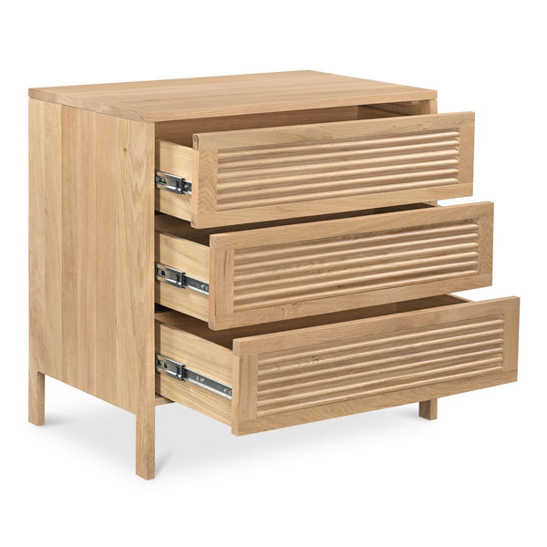 Moe's Home Teeda 3-drawer Nightstand In Solid Oak - Tropical Shutter Design For Unique Storage Solutions Natural Solid Oak Cabinet And Drawer Fronts,Oak Veener Over Mdf (Back,Bottom,Drawers) Jd-1083-24