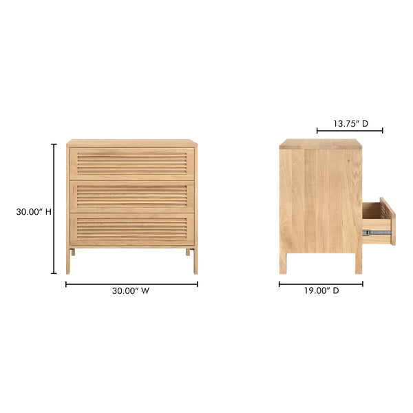 Moe's Home Teeda 3-drawer Nightstand In Solid Oak - Tropical Shutter Design For Unique Storage Solutions Natural Solid Oak Cabinet And Drawer Fronts,Oak Veener Over Mdf (Back,Bottom,Drawers) Jd-1083-24