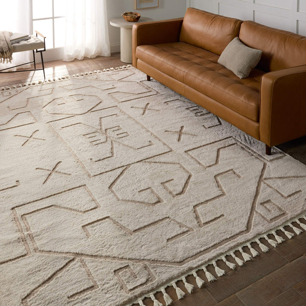 Jaipur Living Vibe by Jaipur Living Cree Geometric Semi Shag Rug with Braided Fringe Boho Neutral 2'5" X 10' RUG154376