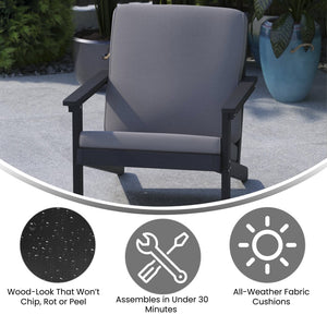 English Elm Charlestown All-Weather Poly Resin Adirondack Deep Seat Club Chair for Stylish Indoor/Outdoor Comfort Charcoal Cushions/Black Frame JJ-C14021-BK-GG