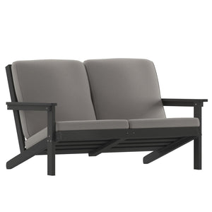 English Elm Charlestown All-Weather Poly Resin Adirondack Loveseat with Plush Comfort Cushions for Outdoor Bliss Gray Cushions/Black Frame JJ-C14022-BK-GG