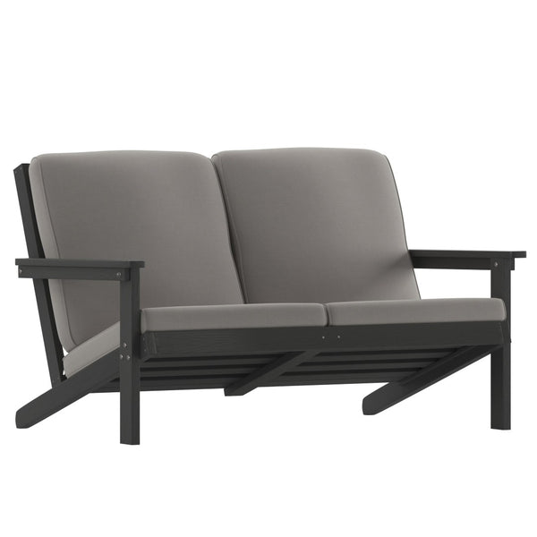 English Elm Charlestown All-Weather Poly Resin Adirondack Loveseat with Plush Comfort Cushions for Outdoor Bliss Gray Cushions/Black Frame JJ-C14022-BK-GG