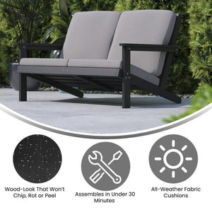 English Elm Charlestown All-Weather Poly Resin Adirondack Loveseat with Plush Comfort Cushions for Outdoor Bliss Gray Cushions/Black Frame JJ-C14022-BK-GG
