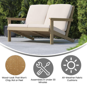 English Elm Charlestown All-Weather Poly Resin Adirondack Loveseat with Plush Comfort Cushions for Outdoor Bliss Cream Cushions/Natural Cedar Frame JJ-C14022-BR-GG