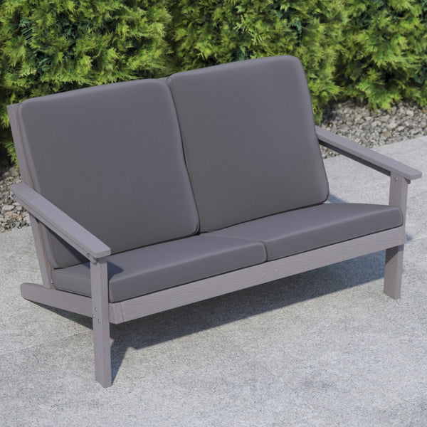 English Elm Charlestown All-Weather Poly Resin Adirondack Loveseat with Plush Comfort Cushions for Outdoor Bliss Gray Cushions/Gray Frame JJ-C14022-GY-GG