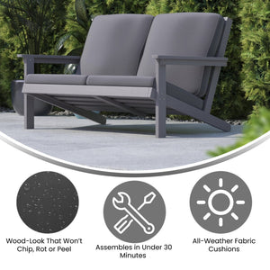 English Elm Charlestown All-Weather Poly Resin Adirondack Loveseat with Plush Comfort Cushions for Outdoor Bliss Gray Cushions/Gray Frame JJ-C14022-GY-GG