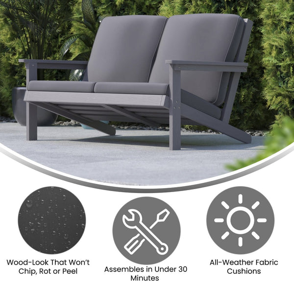 English Elm Charlestown All-Weather Poly Resin Adirondack Loveseat with Plush Comfort Cushions for Outdoor Bliss Gray Cushions/Gray Frame JJ-C14022-GY-GG