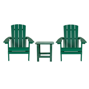 English Elm 2 Pack Charlestown All-Weather Poly Resin Adirondack Chairs with Side Table for Ultimate Comfort Green JJ-C14501-2-T14001-GRN-GG
