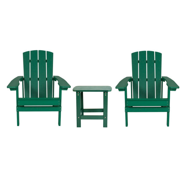 English Elm 2 Pack Charlestown All-Weather Poly Resin Adirondack Chairs with Side Table for Ultimate Comfort Green JJ-C14501-2-T14001-GRN-GG