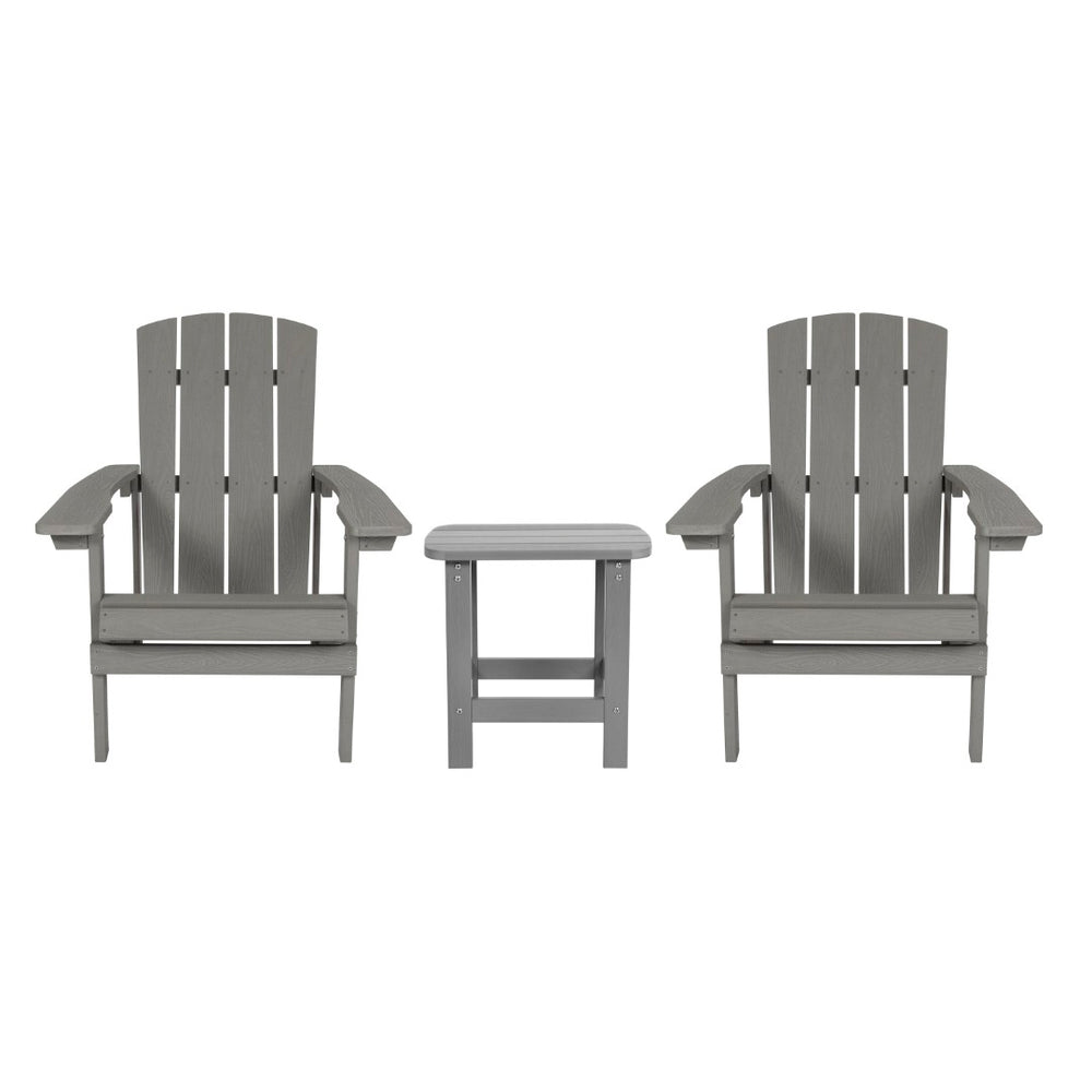 English Elm 2 Pack Charlestown All-Weather Poly Resin Adirondack Chairs with Side Table for Ultimate Comfort Gray JJ-C14501-2-T14001-GY-GG