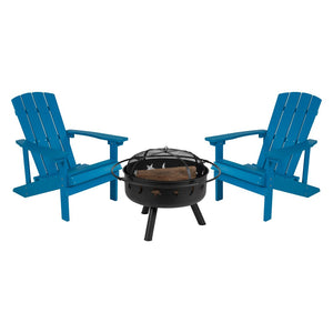 English Elm 3 Piece Charlestown Commercial Poly Resin Wood Adirondack Chair Set with Star & Moon Fire Pit Blue JJ-C145012-32D-BLU-GG
