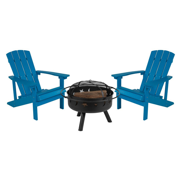 English Elm 3 Piece Charlestown Commercial Poly Resin Wood Adirondack Chair Set with Star & Moon Fire Pit Blue JJ-C145012-32D-BLU-GG