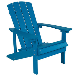 English Elm 3 Piece Charlestown Commercial Poly Resin Wood Adirondack Chair Set with Star & Moon Fire Pit Blue JJ-C145012-32D-BLU-GG