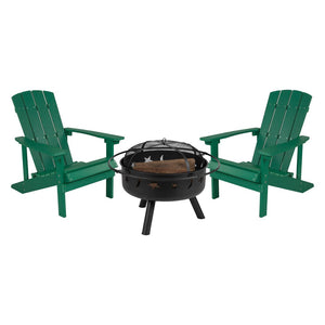 English Elm 3 Piece Charlestown Commercial Poly Resin Wood Adirondack Chair Set with Star & Moon Fire Pit Green JJ-C145012-32D-GRN-GG