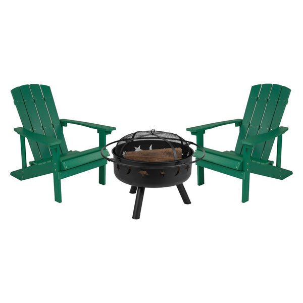 English Elm 3 Piece Charlestown Commercial Poly Resin Wood Adirondack Chair Set with Star & Moon Fire Pit Green JJ-C145012-32D-GRN-GG