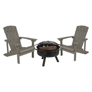 English Elm 3 Piece Charlestown Commercial Poly Resin Wood Adirondack Chair Set with Star & Moon Fire Pit Light Gray JJ-C145012-32D-LTG-GG