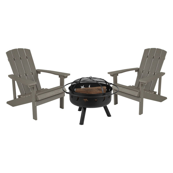 English Elm 3 Piece Charlestown Commercial Poly Resin Wood Adirondack Chair Set with Star & Moon Fire Pit Light Gray JJ-C145012-32D-LTG-GG