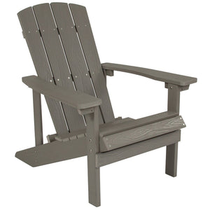 English Elm 3 Piece Charlestown Commercial Poly Resin Wood Adirondack Chair Set with Star & Moon Fire Pit Light Gray JJ-C145012-32D-LTG-GG