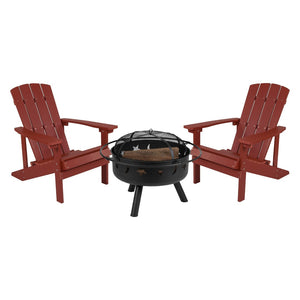 English Elm 3 Piece Charlestown Commercial Poly Resin Wood Adirondack Chair Set with Star & Moon Fire Pit Red JJ-C145012-32D-RED-GG