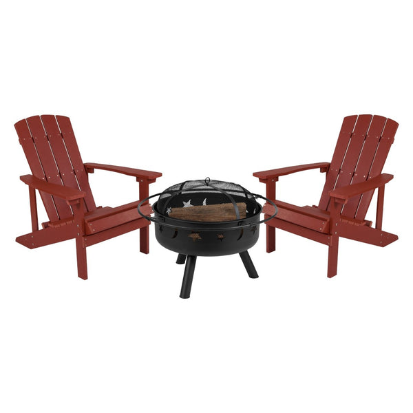 English Elm 3 Piece Charlestown Commercial Poly Resin Wood Adirondack Chair Set with Star & Moon Fire Pit Red JJ-C145012-32D-RED-GG