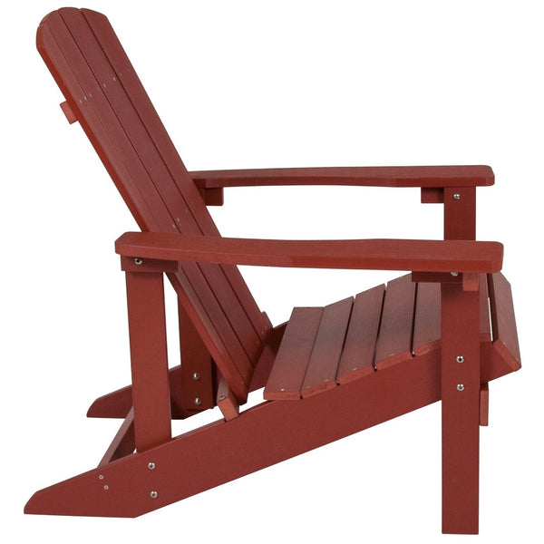 English Elm 3 Piece Charlestown Commercial Poly Resin Wood Adirondack Chair Set with Star & Moon Fire Pit Red JJ-C145012-32D-RED-GG