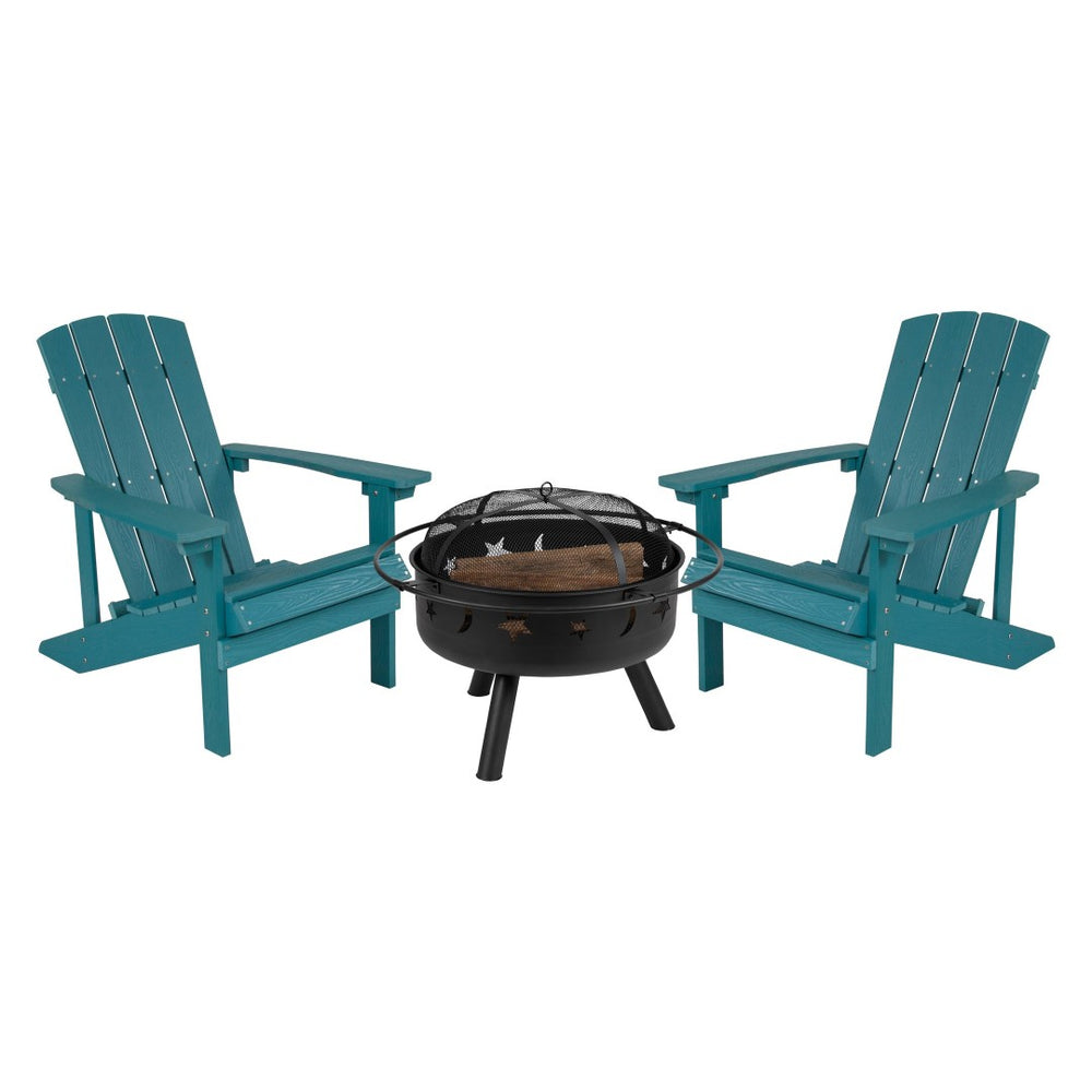 English Elm 3 Piece Charlestown Commercial Poly Resin Wood Adirondack Chair Set with Star & Moon Fire Pit Sea Foam JJ-C145012-32D-SFM-GG