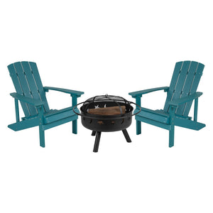 English Elm 3 Piece Charlestown Commercial Poly Resin Wood Adirondack Chair Set with Star & Moon Fire Pit Sea Foam JJ-C145012-32D-SFM-GG
