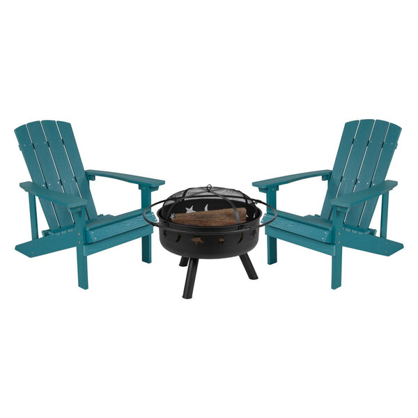 English Elm 3 Piece Charlestown Commercial Poly Resin Wood Adirondack Chair Set with Star & Moon Fire Pit Sea Foam JJ-C145012-32D-SFM-GG