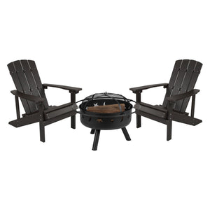 English Elm 3 Piece Charlestown Commercial Poly Resin Wood Adirondack Chair Set with Star & Moon Fire Pit Slate Gray JJ-C145012-32D-SLT-GG