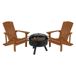 English Elm 3 Piece Charlestown Commercial Poly Resin Wood Adirondack Chair Set with Star & Moon Fire Pit Teak JJ-C145012-32D-TEAK-GG