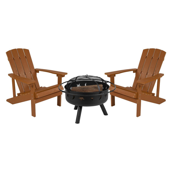 English Elm 3 Piece Charlestown Commercial Poly Resin Wood Adirondack Chair Set with Star & Moon Fire Pit Teak JJ-C145012-32D-TEAK-GG
