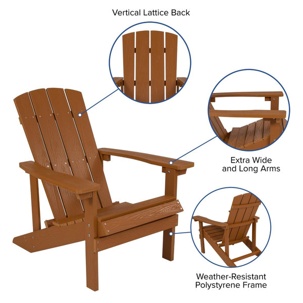 English Elm 3 Piece Charlestown Commercial Poly Resin Wood Adirondack Chair Set with Star & Moon Fire Pit Teak JJ-C145012-32D-TEAK-GG