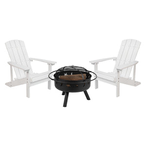 English Elm 3 Piece Charlestown Commercial Poly Resin Wood Adirondack Chair Set with Star & Moon Fire Pit White JJ-C145012-32D-WH-GG