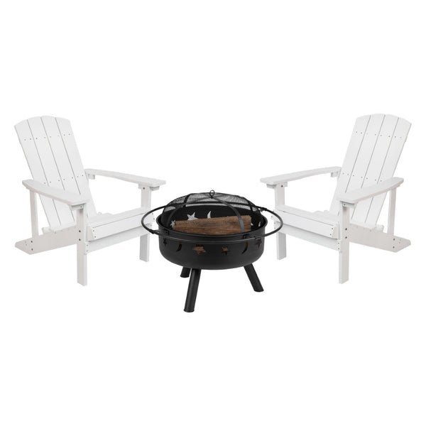 English Elm 3 Piece Charlestown Commercial Poly Resin Wood Adirondack Chair Set with Star & Moon Fire Pit White JJ-C145012-32D-WH-GG