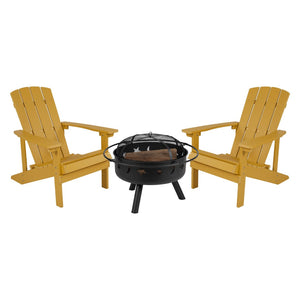 English Elm 3 Piece Charlestown Commercial Poly Resin Wood Adirondack Chair Set with Star & Moon Fire Pit Yellow JJ-C145012-32D-YLW-GG