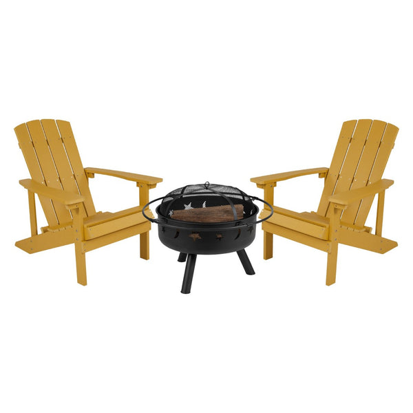 English Elm 3 Piece Charlestown Commercial Poly Resin Wood Adirondack Chair Set with Star & Moon Fire Pit Yellow JJ-C145012-32D-YLW-GG