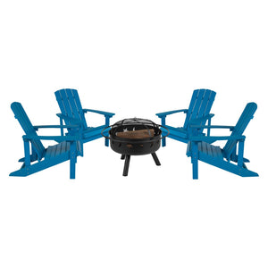 English Elm 5 Piece Charlestown Commercial Poly Resin Adirondack Chair Set with Star and Moon Fire Pit Enjoyment Blue JJ-C145014-32D-BLU-GG
