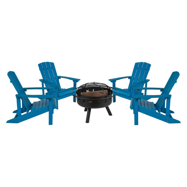 English Elm 5 Piece Charlestown Commercial Poly Resin Adirondack Chair Set with Star and Moon Fire Pit Enjoyment Blue JJ-C145014-32D-BLU-GG