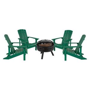 English Elm 5 Piece Charlestown Commercial Poly Resin Adirondack Chair Set with Star and Moon Fire Pit Enjoyment Green JJ-C145014-32D-GRN-GG