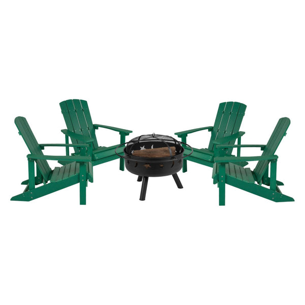English Elm 5 Piece Charlestown Commercial Poly Resin Adirondack Chair Set with Star and Moon Fire Pit Enjoyment Green JJ-C145014-32D-GRN-GG