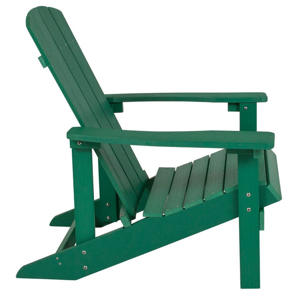 English Elm 5 Piece Charlestown Commercial Poly Resin Adirondack Chair Set with Star and Moon Fire Pit Enjoyment Green JJ-C145014-32D-GRN-GG