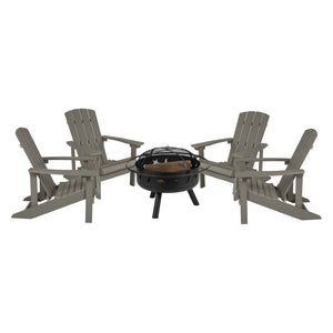 English Elm 5 Piece Charlestown Commercial Poly Resin Adirondack Chair Set with Star and Moon Fire Pit Enjoyment Light Gray JJ-C145014-32D-LTG-GG