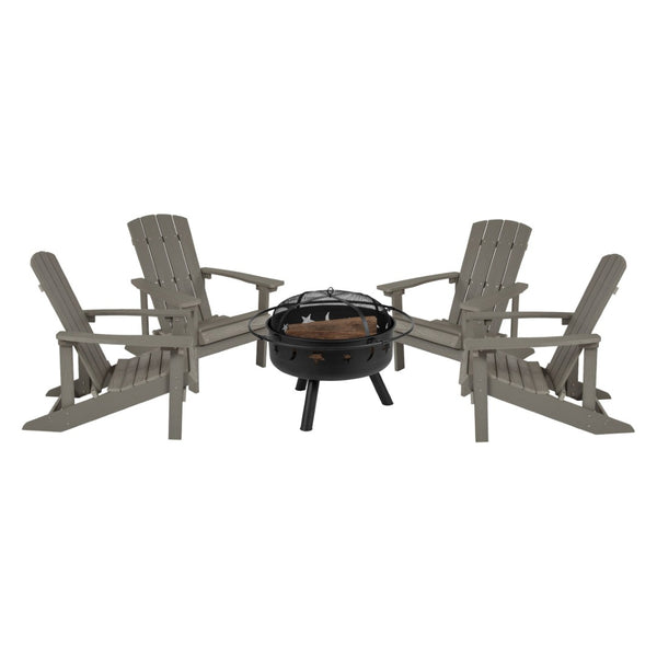 English Elm 5 Piece Charlestown Commercial Poly Resin Adirondack Chair Set with Star and Moon Fire Pit Enjoyment Light Gray JJ-C145014-32D-LTG-GG