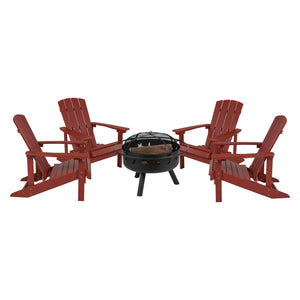 English Elm 5 Piece Charlestown Commercial Poly Resin Adirondack Chair Set with Star and Moon Fire Pit Enjoyment Red JJ-C145014-32D-RED-GG