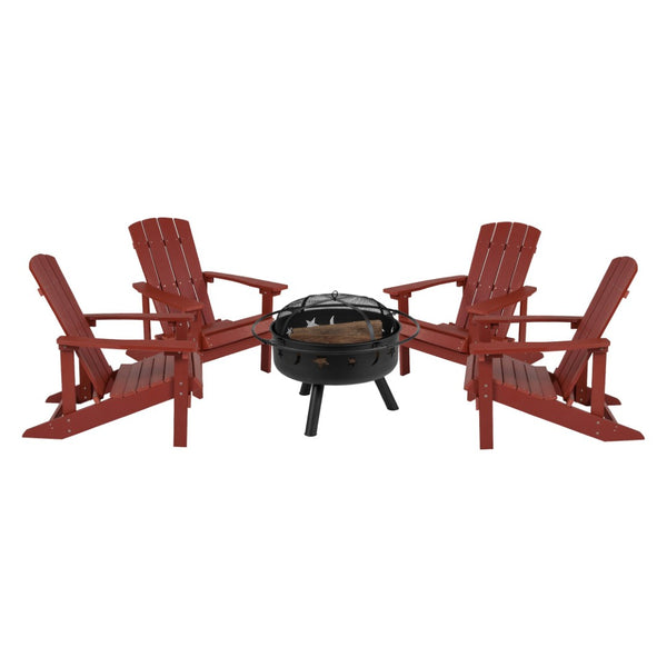 English Elm 5 Piece Charlestown Commercial Poly Resin Adirondack Chair Set with Star and Moon Fire Pit Enjoyment Red JJ-C145014-32D-RED-GG