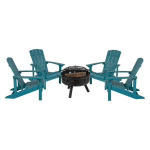 English Elm 5 Piece Charlestown Commercial Poly Resin Adirondack Chair Set with Star and Moon Fire Pit Enjoyment Sea Foam JJ-C145014-32D-SFM-GG