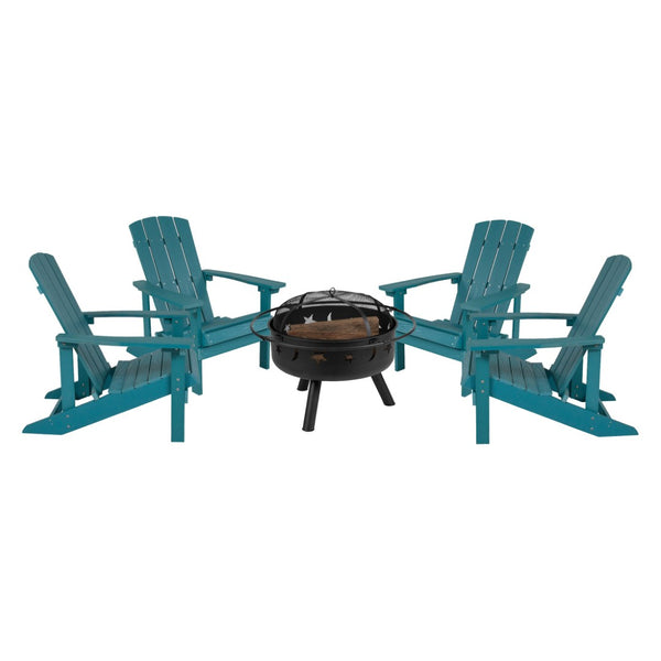 English Elm 5 Piece Charlestown Commercial Poly Resin Adirondack Chair Set with Star and Moon Fire Pit Enjoyment Sea Foam JJ-C145014-32D-SFM-GG